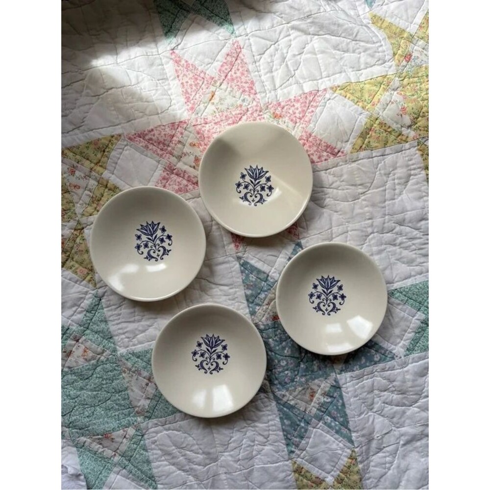 Set of 4 Vintage Ceramic Dessert Bowls Blue Floral Motif Scandinavian MCM Retro